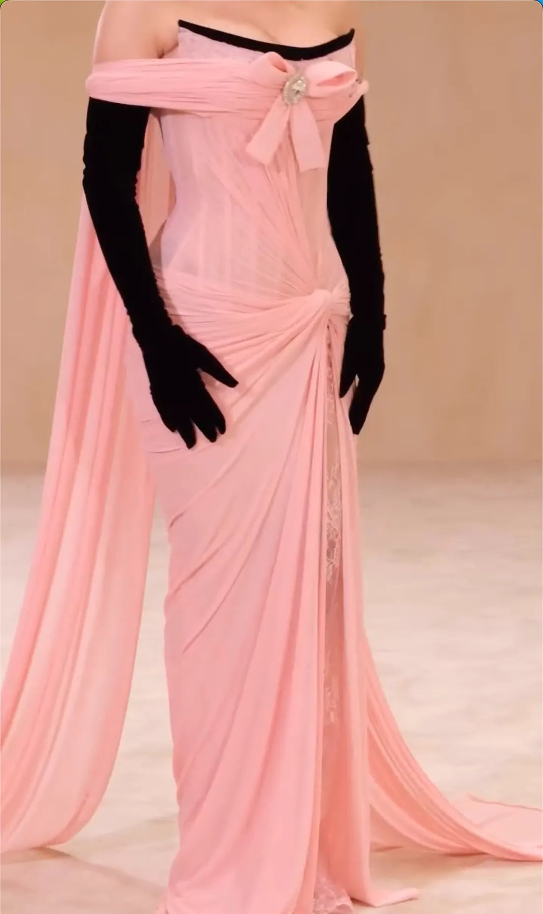Soft Pink Off Shoulder Bow Drape Evening Maxi Dress - Waist Twist High Slit Chiffon Mermaid Formal Gown