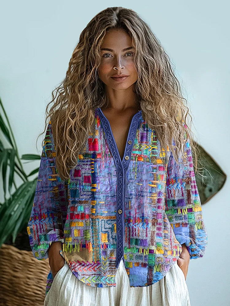 Bohemian Style Linen Purple Patchwork Ethnic Art Print Long Sleeve Shirt