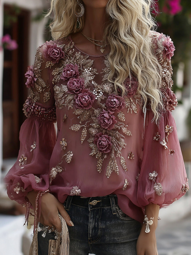 Women's Classic Romantic Rose Embroidery Art Long Sleeve Linen Blend T-shirt