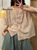 Women's V-neck Half Sleeve Embroidered Cardigan Buttoned Casual Linen Top