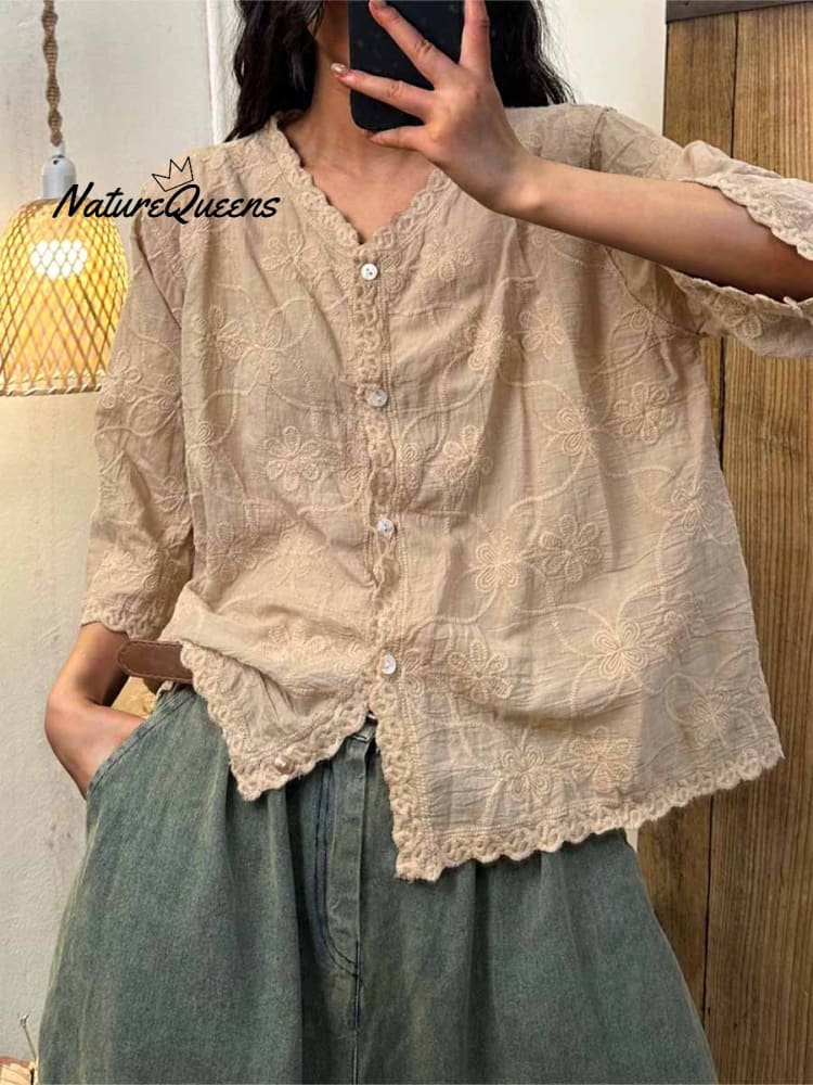 Women's V-neck Half Sleeve Embroidered Cardigan Buttoned Casual Linen Top