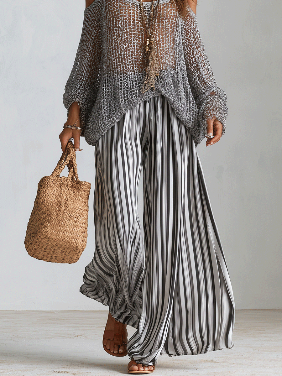 Bohemian Open-Knit Resort Silver Grey Sweater & Stripe Palazzo Set
