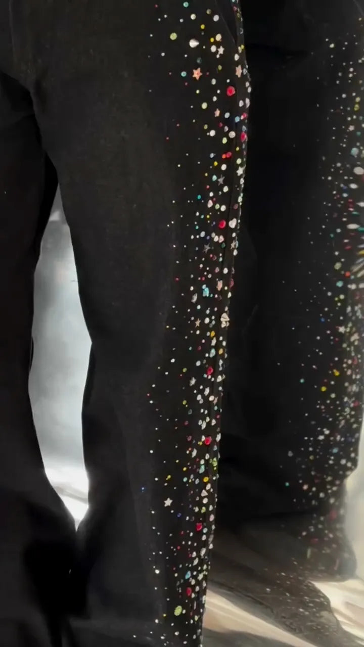 Black Colorful Rhinestone Star Wide Leg Denim Pants