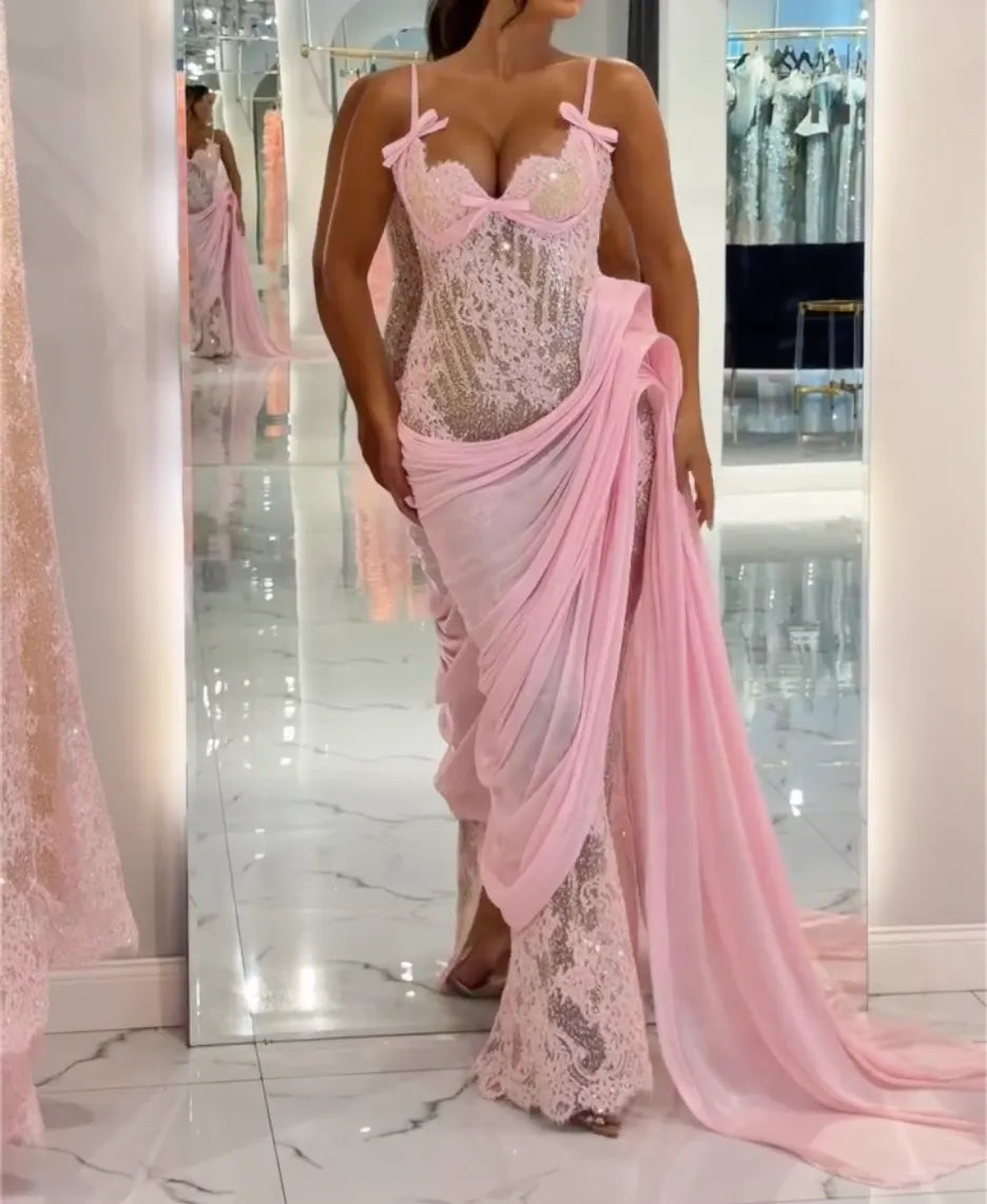 Spaghetti Strap Bow Corset Lace Sheer Mermaid Evening Gown, Pink Draped Train Sequin Formal Party Dress