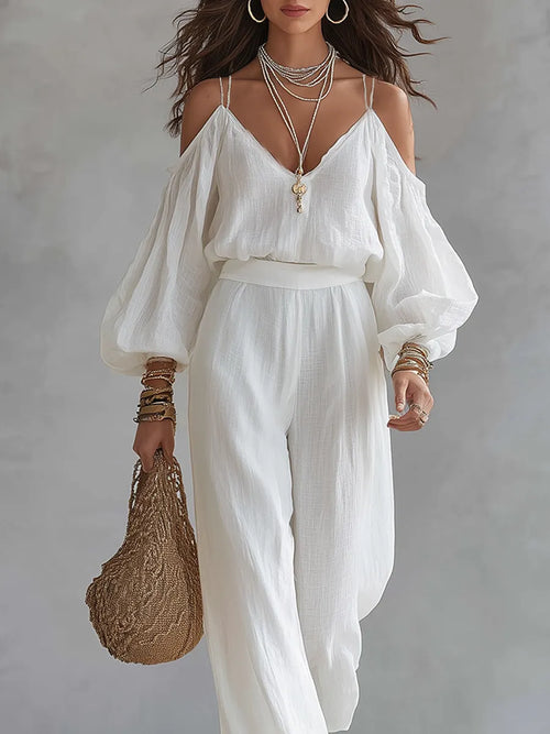 Bohemian Style White Cotton Linen Camisole Top And Wide-leg Pants Set