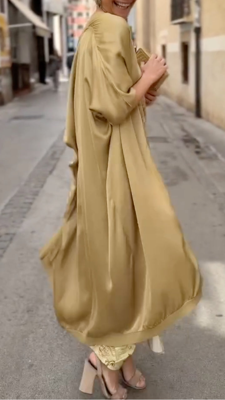 Women's Satin Long Cardigan & Printed Dress Set