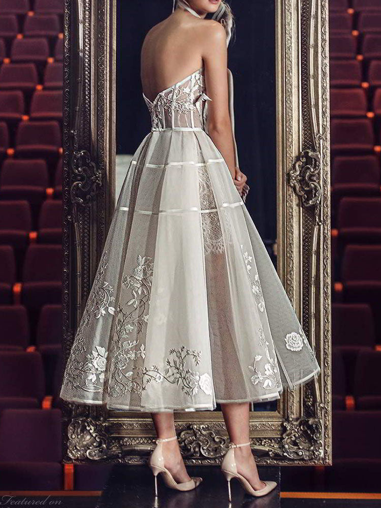 Bohemia Bandeau Backless Embroidered Applique Lace A-Line White Midi Dresses