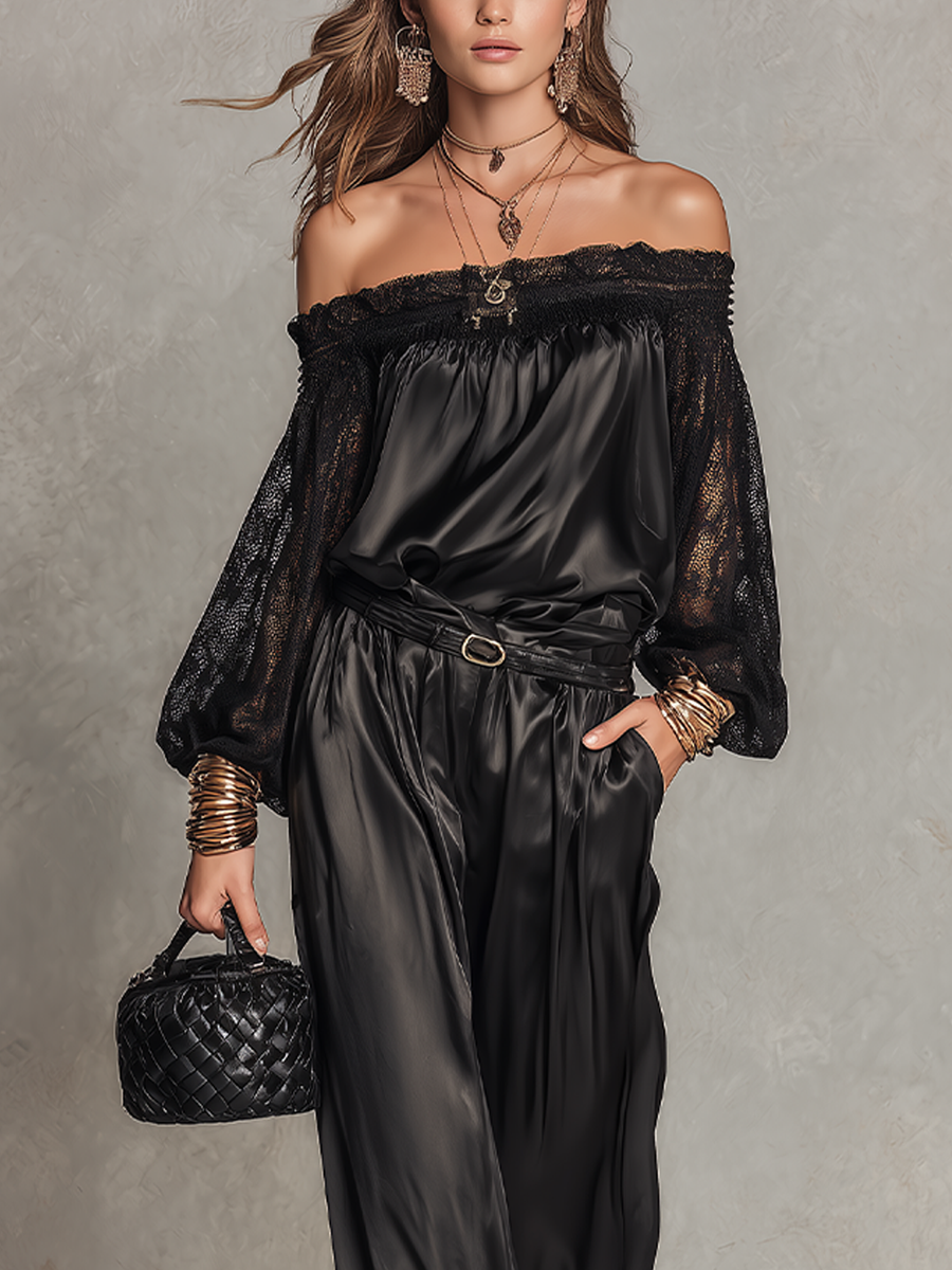 Bohemian Black Lace Off-Shoulder Suit