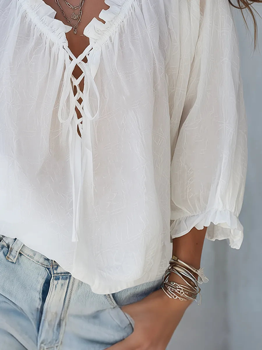 Airy White Lace-Up Boho Blouse