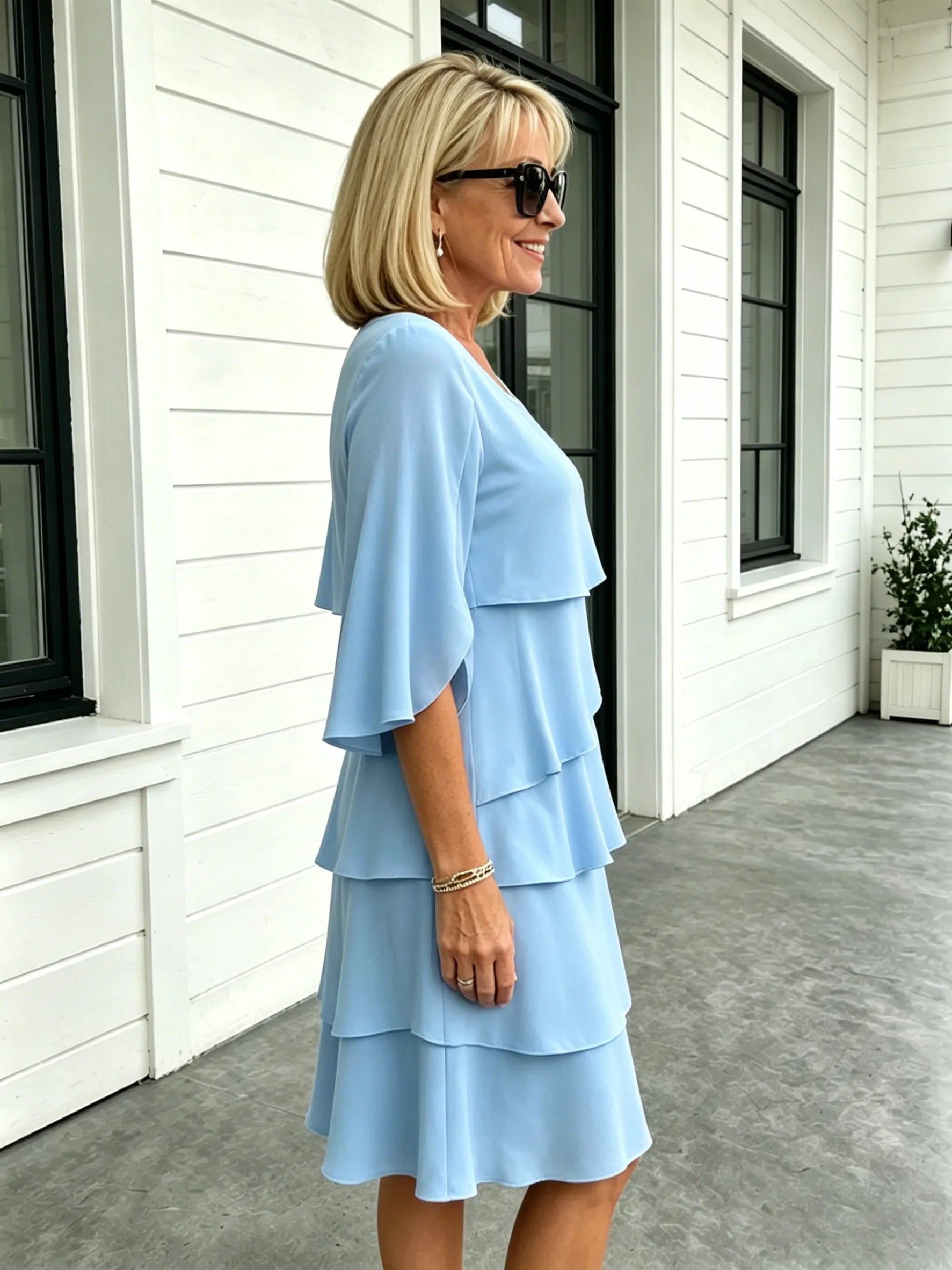 Fashion Solid Color Round Neck Cake Skirt Splicing Dress Women's Clothing