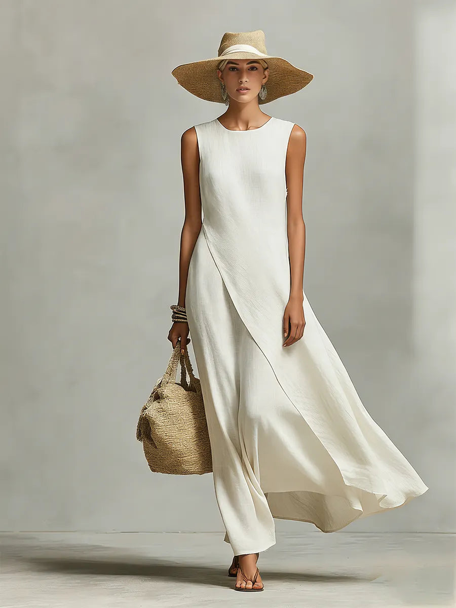 Women's Ivory Breathable Linen Dress With Sleeveless Detail & Asymmetric Hem, Contemporary Casual-Feminine Style Dress