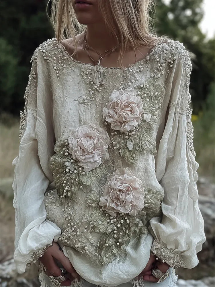 Vintage Pink Flowers Fiber Art Beaded Flowy Linen Tunic