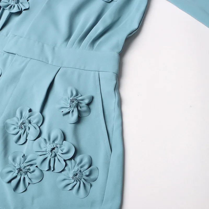 Turquoise Jumpsuit with 3D Floral Appliqués, Long Sleeves & Shorts