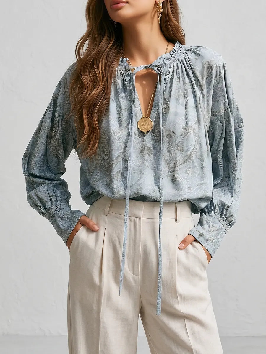Boho Lace-Up V-Neck Balloon Sleeve Flowy Top