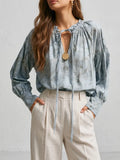 Boho Lace-Up V-Neck Balloon Sleeve Flowy Top