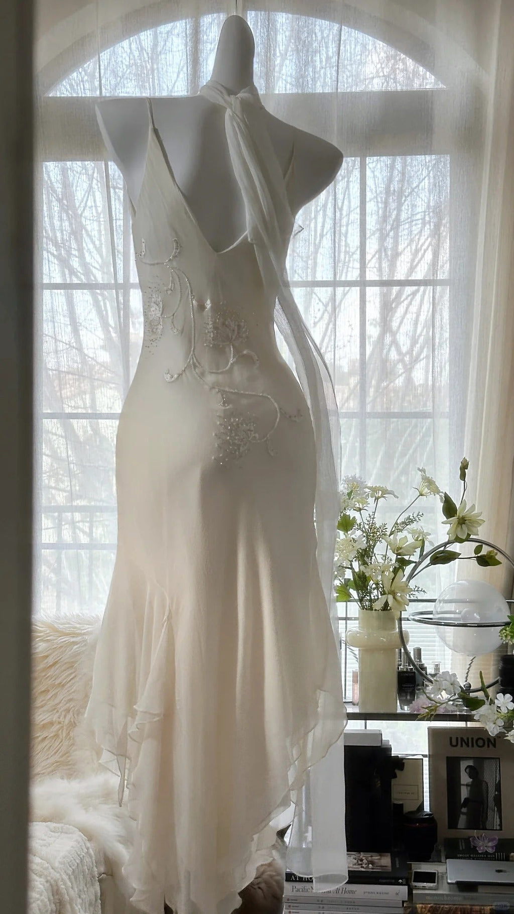 Ivory White Elegant Fashion Exquisite Floral Beading Long Chiffon Ball Gown Evening Dress Party Dress 4006