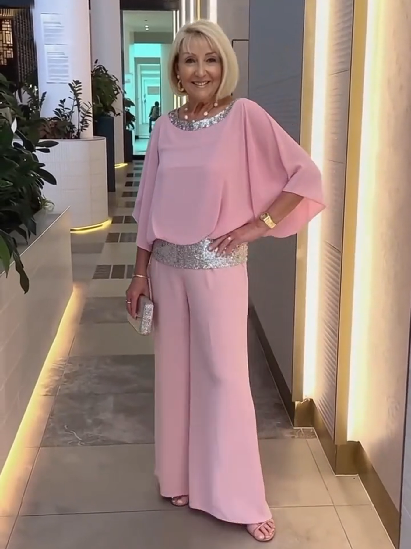 Shine Bright Pink Gorgeous Outfit with Sequins Wedding Tunic Party Suit  Chiffon Opaque Soft Fabric Two Piece Set
