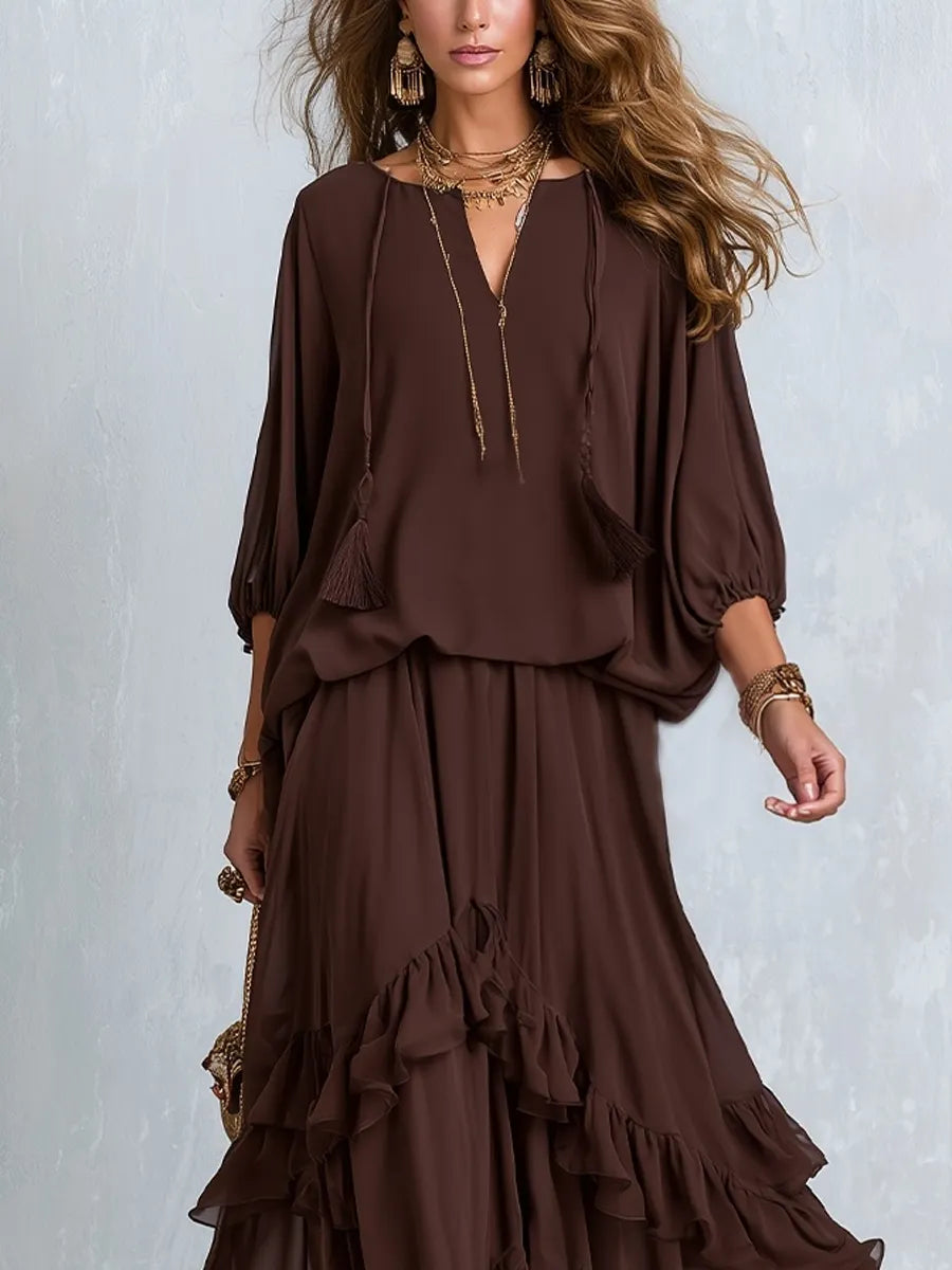Bohemian Style Brown Layered Ruffle Skirt Suit