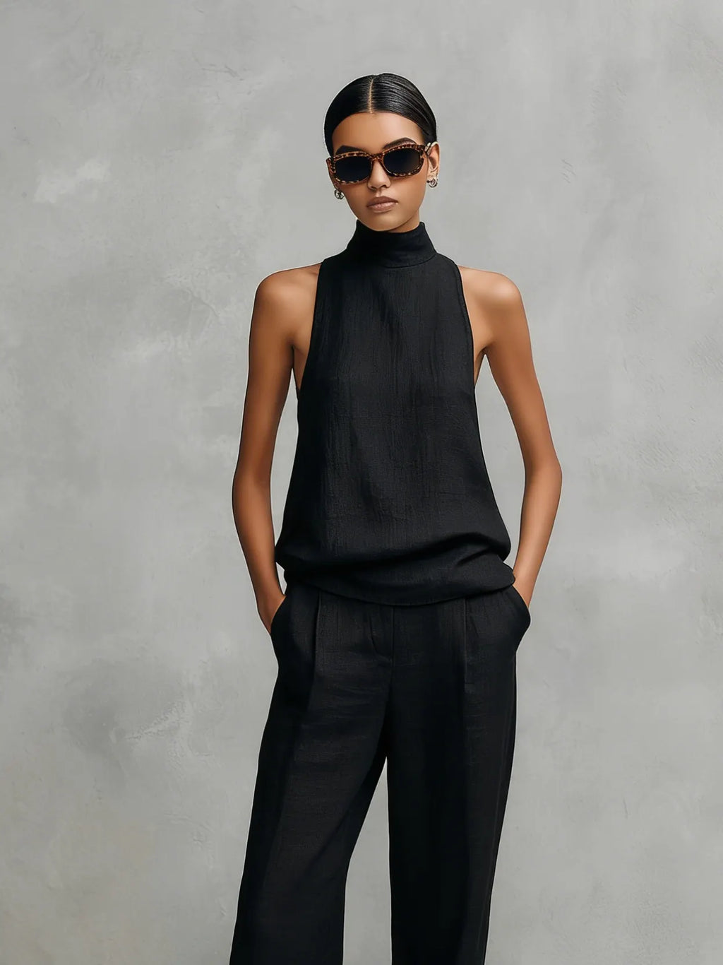 Women's Elegant Black Cotton And Linen Round-neck Sleeveless Top And Trousers Set