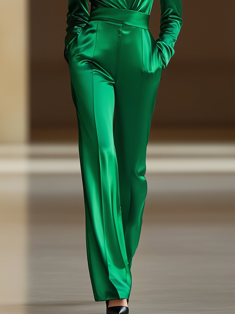 [24-hour shipping out]Retro Fashion Loose V-neck Green Satin Wide-leg Jumpsuit