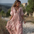 Vintage Boho Pink Roses Glitter Lace Flowy Linen Maxi Dress