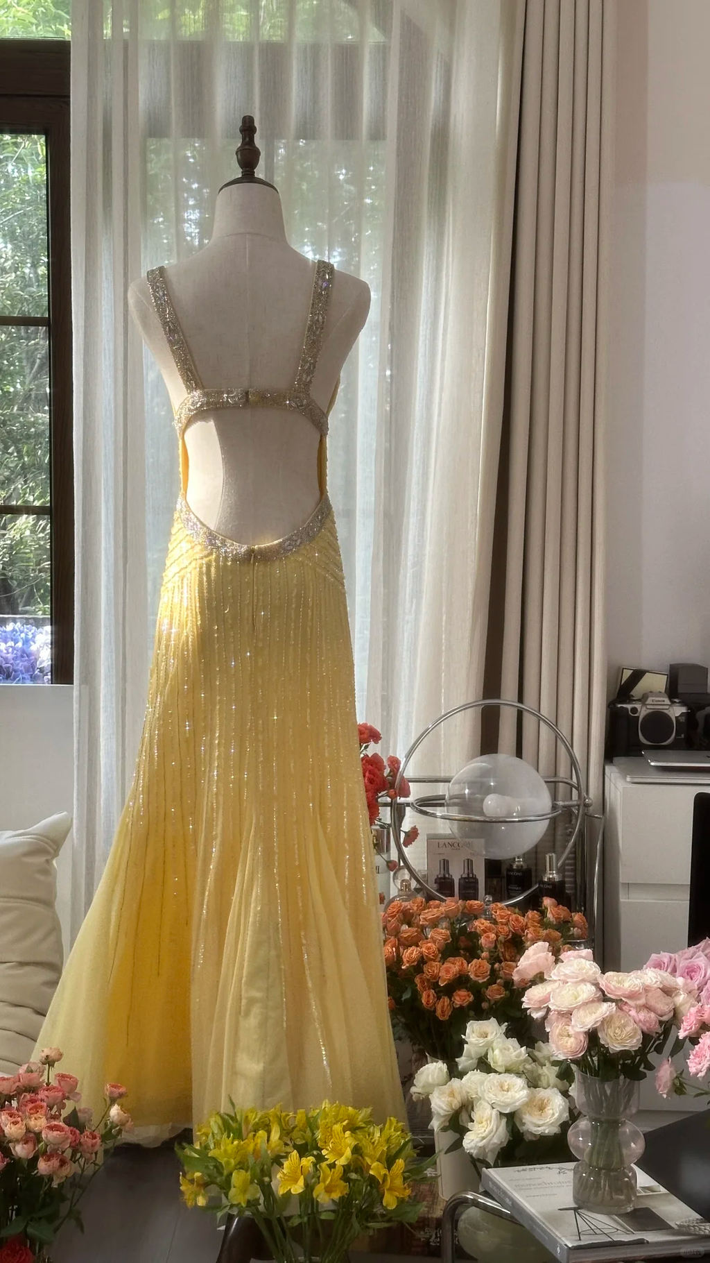 Lit Yellow Gorgeous Shiny Fashion Elegant Exquisite Beaded Long Tulle Backless Fairy Ball Gown Evening Dress Birthday/Wedding Guest/Holiday Party Dress Prom Dress Valentine's Day Date Dress