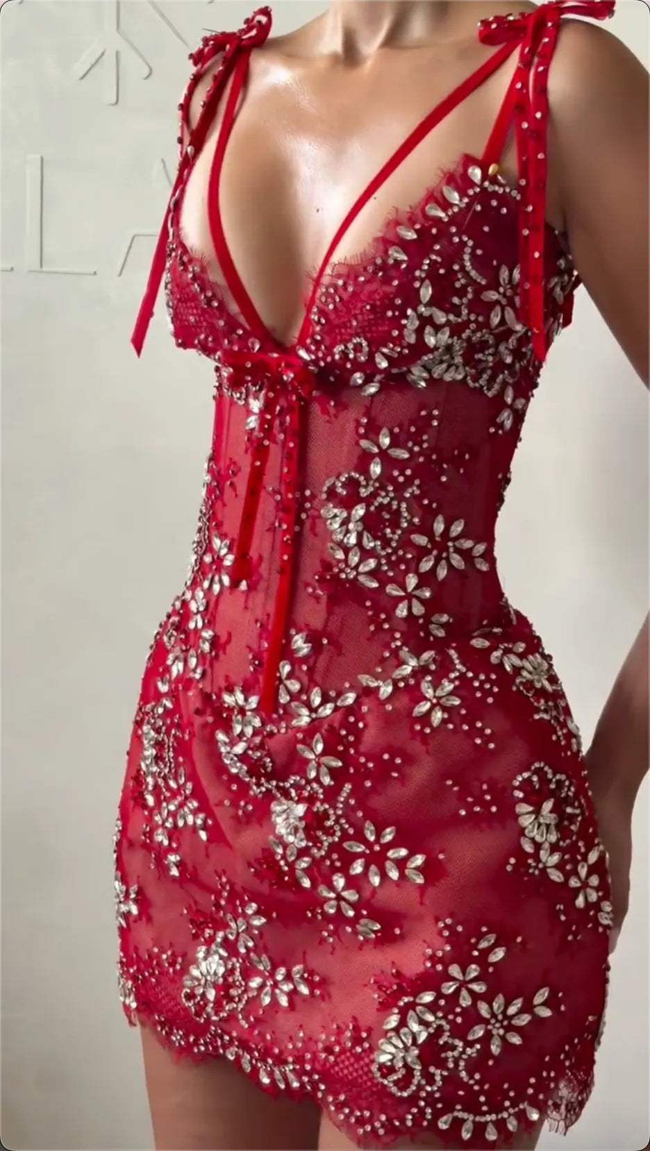 Deep V Tie Strap Floral Rhinestone Lace Mini Evening Dress, Red Corset Sheer Bodycon Cocktail Party Gown