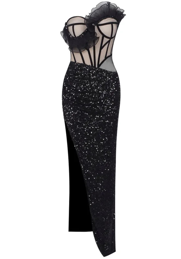 Strapless Ruffle Corset Sequin Maxi Dress Black