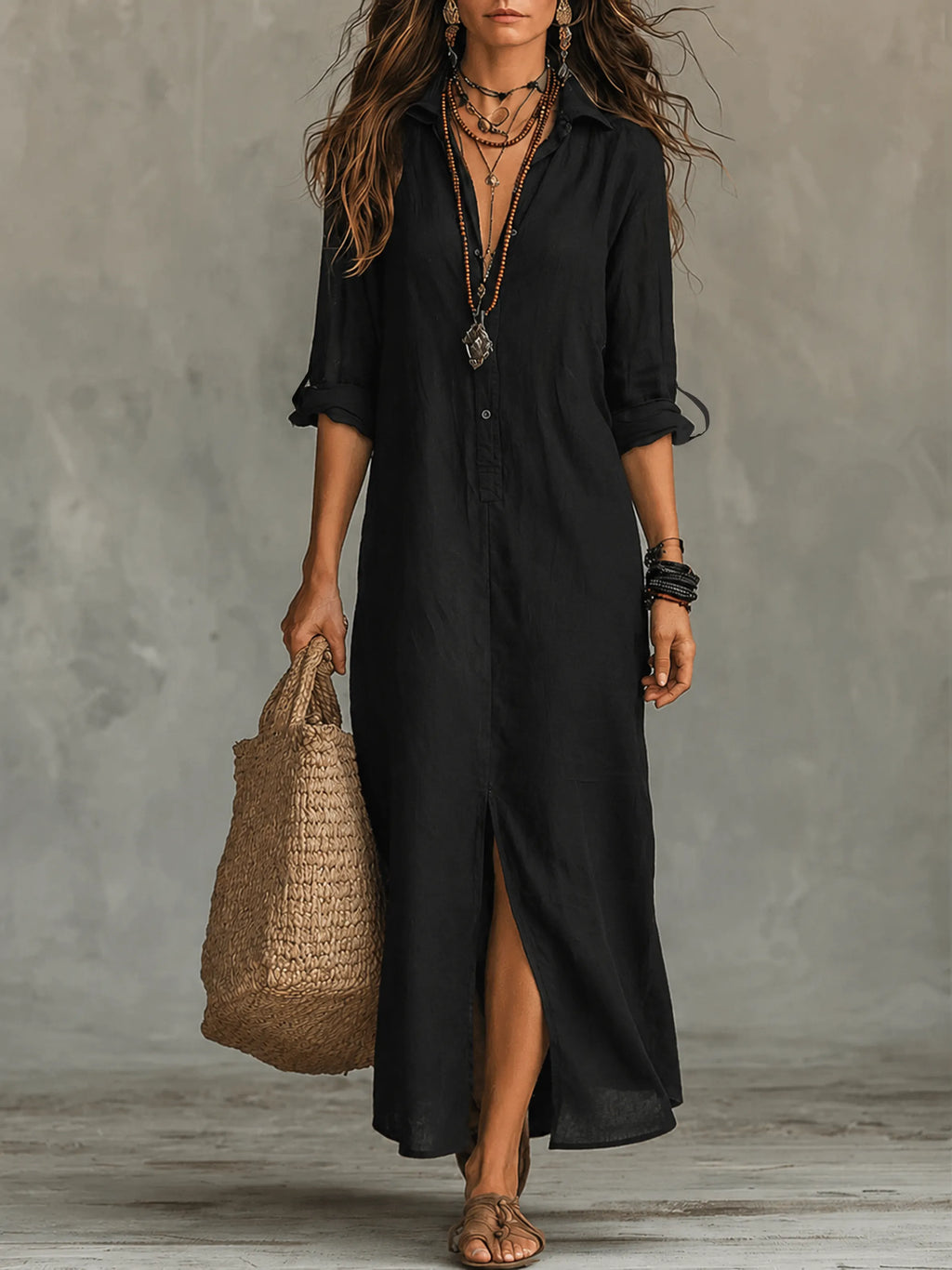 Black Button-Front Bohemian Shirt Maxi Dress