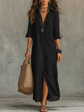 Black Button-Front Bohemian Shirt Maxi Dress