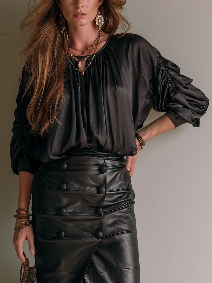 Bohemian Black Ruched Satin Shirt