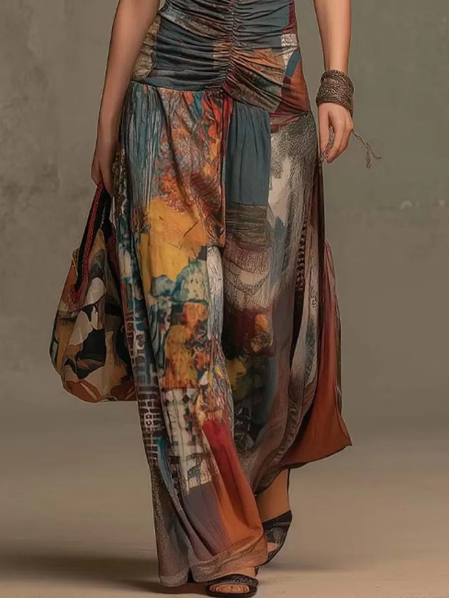 Mixed Cotton Oil Painting Print Halter Neck Front-ruched High-waist High-stretch Draping Wide-leg Jumpsuit
