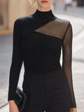 Mock Neck Asymmetric Mesh Panel Ribbed Knit Top