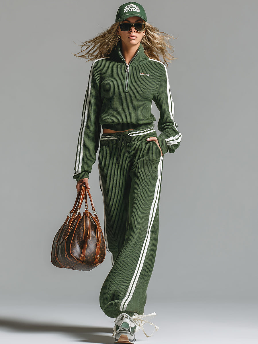 Retro Casual Green Sports Half-zip Knitted Sweater And Pants Set