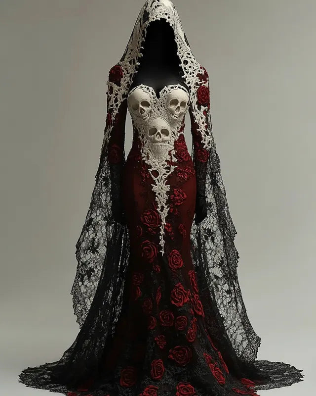 Halloween Themed  Contrasting Lace Rose And Skull Embroidered Dress
