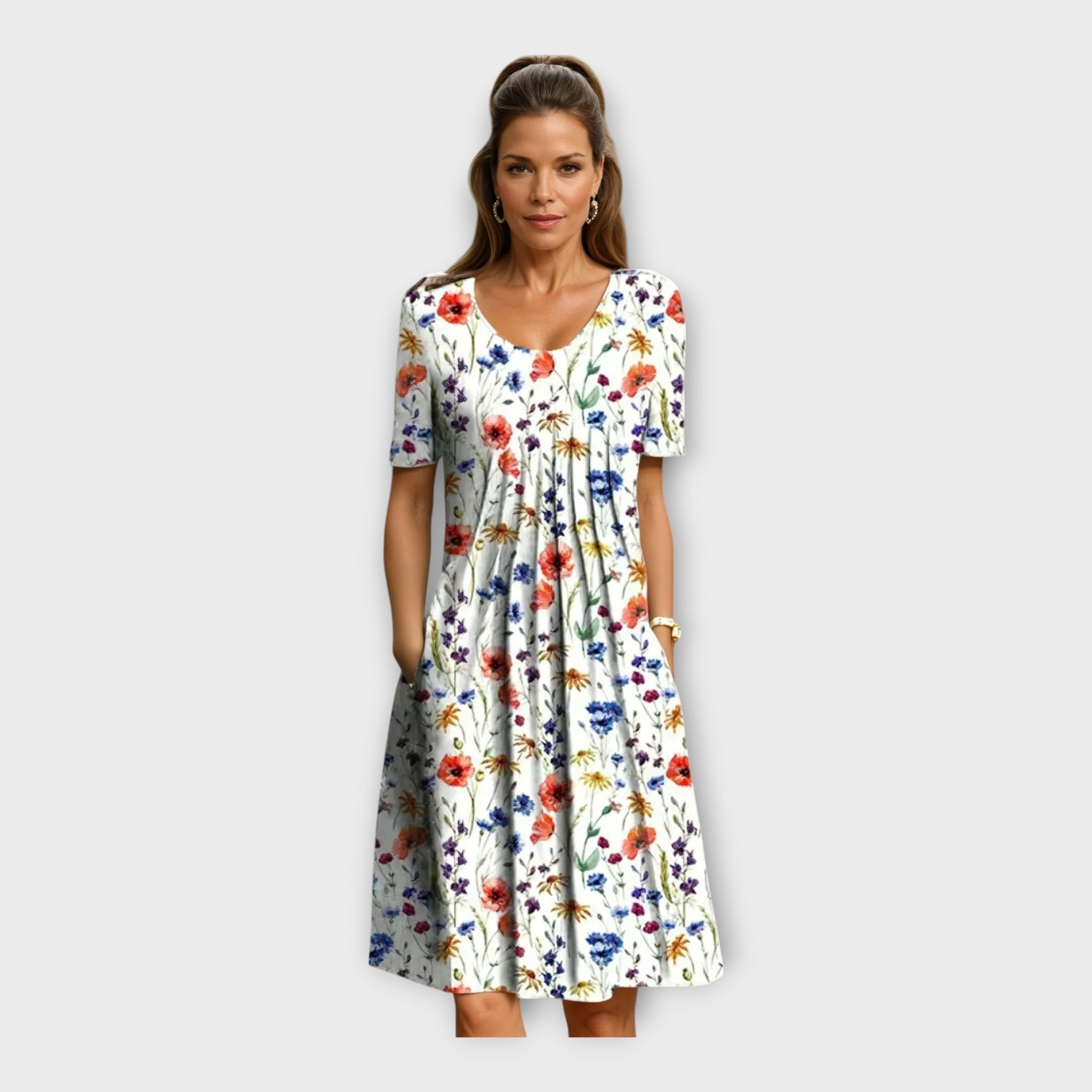 Dress with Floral Design and Short Sleeves