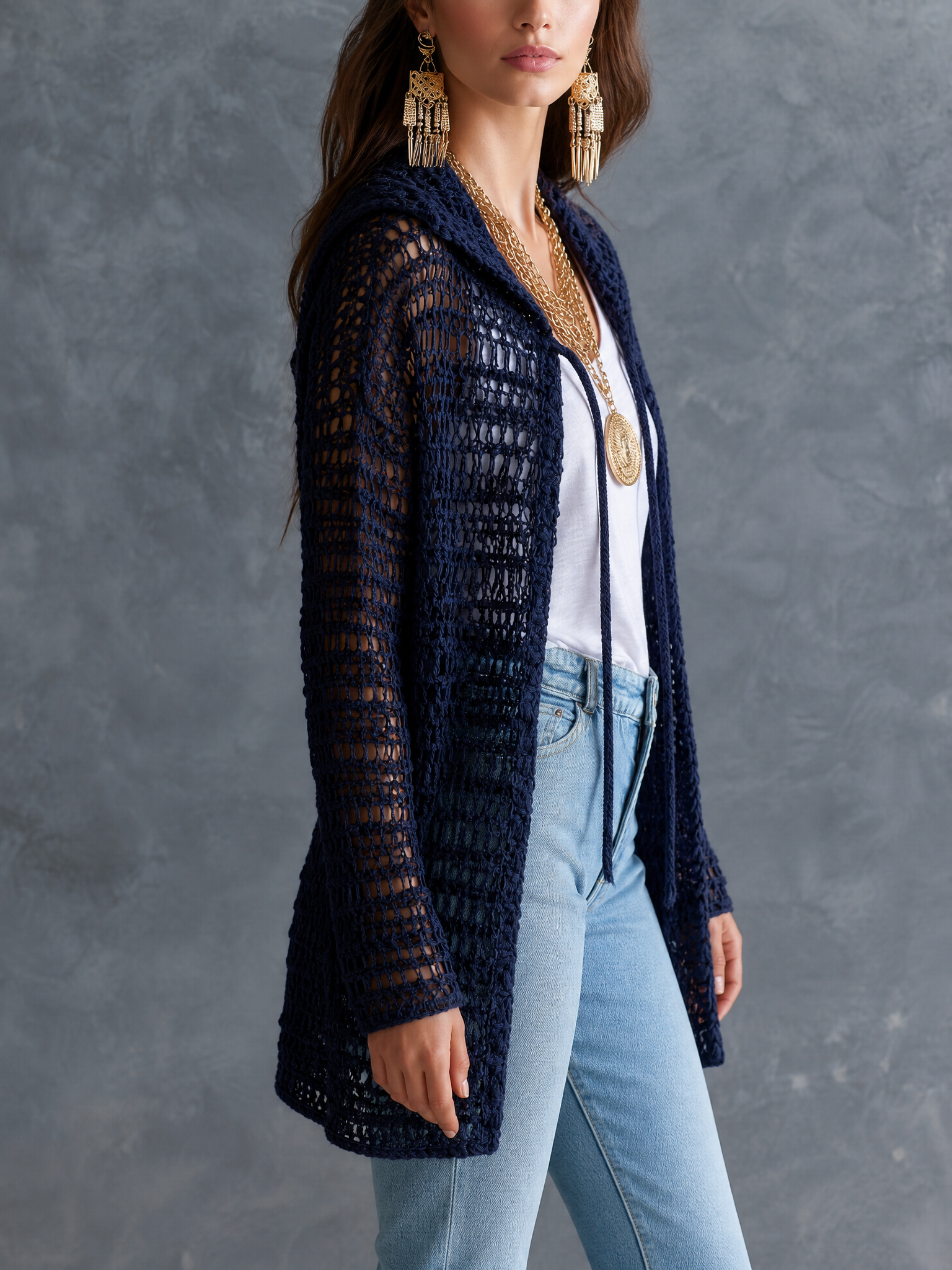 Coastal Boho Open-Knit Long-Sleeve Hollow-Out Dark Blue Duster Cardigan
