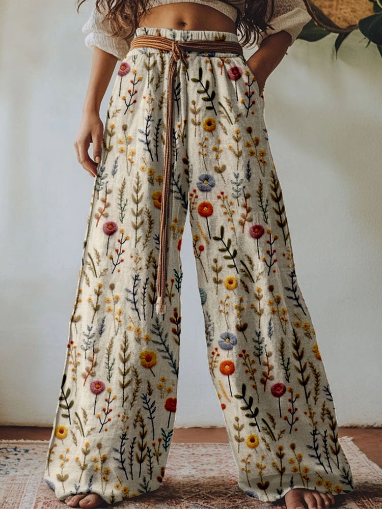 Vintage Boho Flowers Embroidered Linen Blend Casual Pants