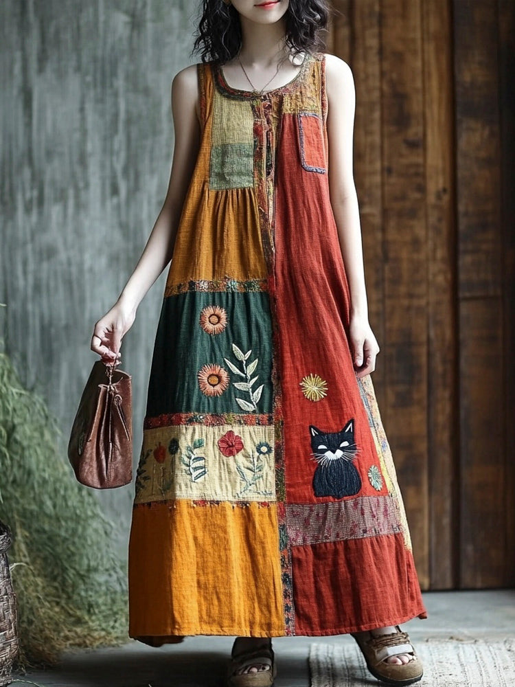Boho Floral & Cat Patchwork Linen Vest Long Dress af40