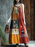 Boho Floral & Cat Patchwork Linen Vest Long Dress af40