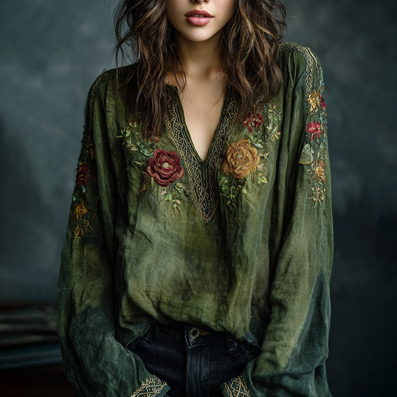 Women's Floral Embroidered Art Print Flowy Linen Blend Casual Tunic