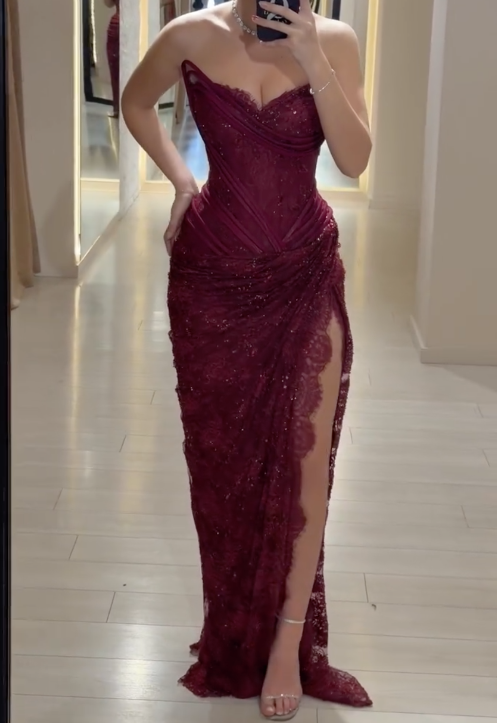 Burgundy/Red/Pink Lace One-Shoulder Maxi Dress