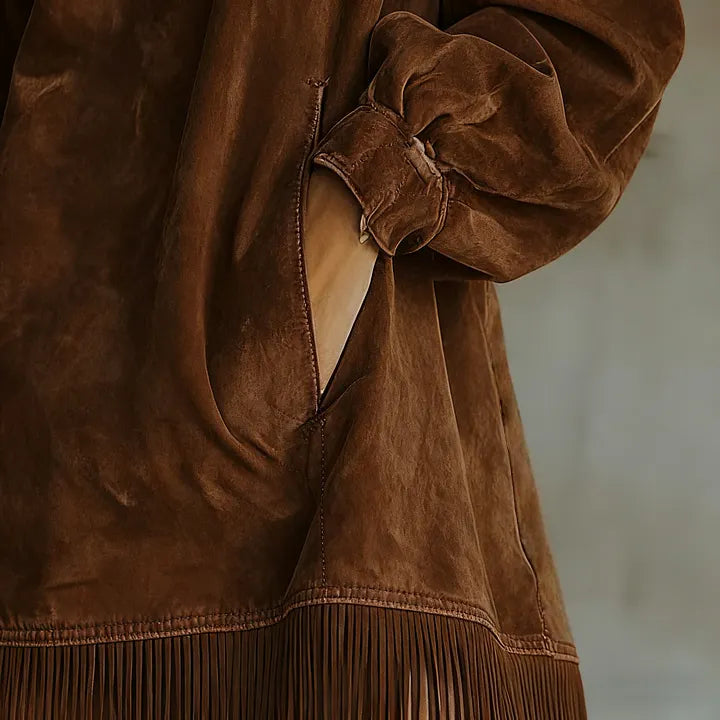 Women's Autumn And Winter Western Retro Suede Fabric Loose Casual Stand Collar Tassel Dress
