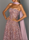 Blush Pink Strapless Sequin Lace Maxi Evening Dress with Chiffon Scarf Detail, A-Line Formal Prom Gown