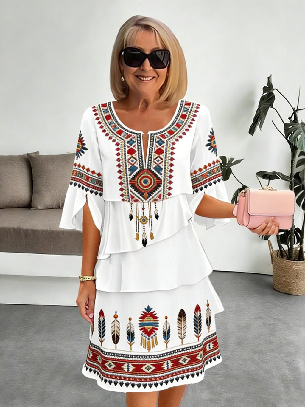 Chiffon Vacation Prints Color Round Neck Cake Skirt Splicing Dress Mid-length