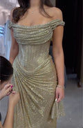Champagne Gold Off Shoulder Multi Draped Ruched Sparkle Mesh High Slit Mermaid Evening Maxi Dress For Wedding Guest Prom Gala Birthday Party