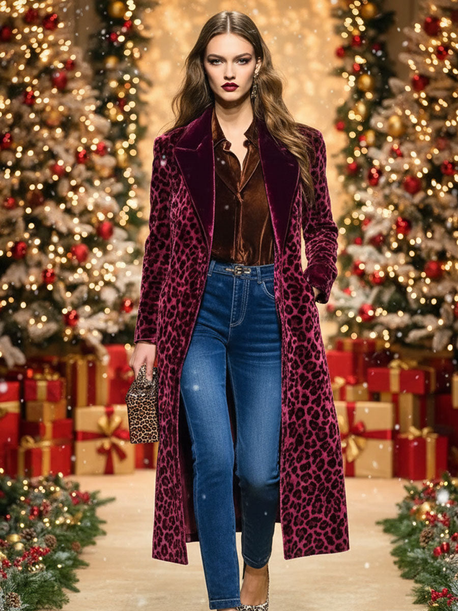 Casual Loose Vintage Velvet Leopard Print Colorblock Lapel Coat