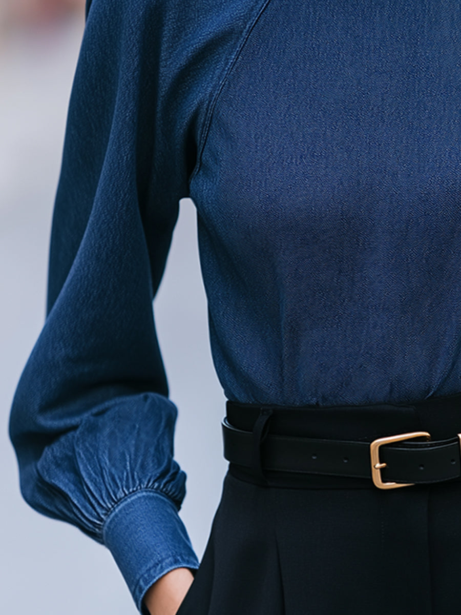 High-Neck Bishop Sleeve Denim Blouse
