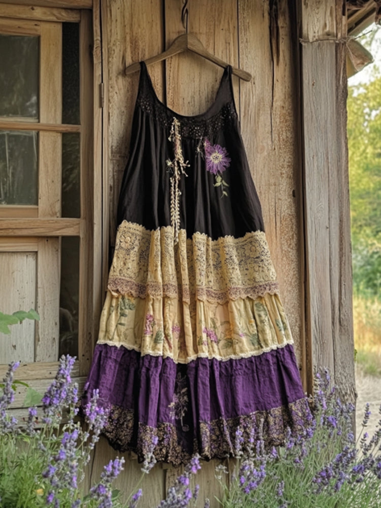 Vintage Tribal Lace Embroidered Violet Art Linen Maxi Dress
