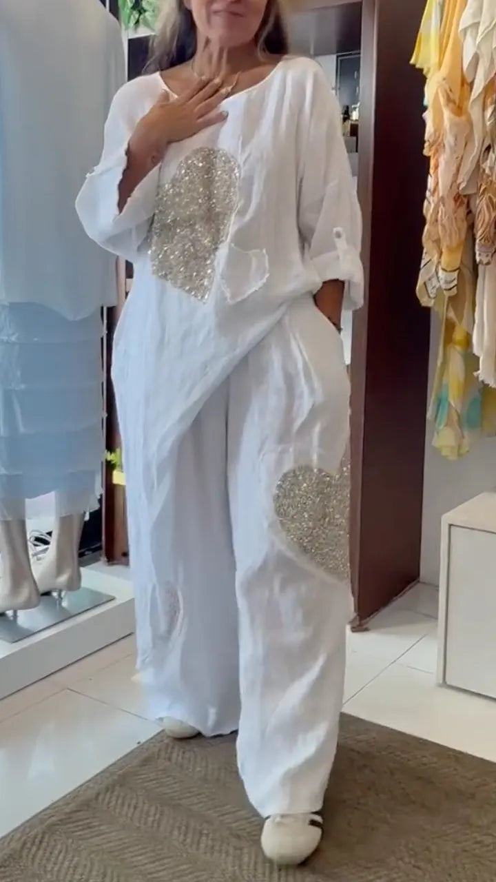 Women's Round Neck Cotton Linen Heart Sequin Casual Suit